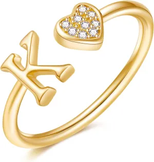 925 Sterling Silver Heart Initial Rings, Adjustable Letter Rings, Stackable Rings for Women - Gifts