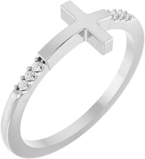 925 Sterling Silver Natural Diamond Round 1.1mm Polished .025 Carat Stackable Sideways Religious Faith Cross Ring Size 7 - Jewelry Gift for Mom