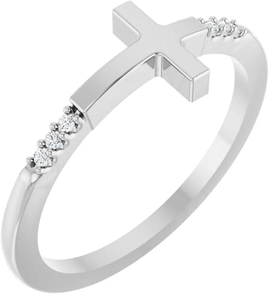 925 Sterling Silver Natural Diamond Round 1.1mm Polished .025 Carat Stackable Sideways Religious Faith Cross Ring Size 7 - Jewelry Gift for Mom