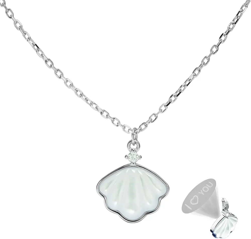 925 Sterling Silver Shell Pendant Necklace for Women, Personalized Handmade I Love You Projection Necklace, Adjustable Pearl Seashell Chain Layered Jewelry for Women Girlfriend Wedding Gift