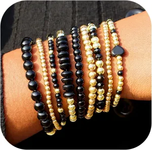 9PCS Gold Bracelets for Women Heart Stone Beaded Bracelets Gold Stretch Bracelets for Women 14K Real Gold Plated Stackable Bead Ball Bracelet Set