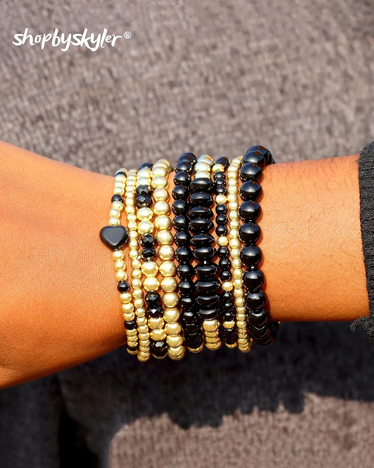9PCS Gold Bracelets for Women Heart Stone Beaded Bracelets Gold Stretch Bracelets for Women 14K Real Gold Plated Stackable Bead Ball Bracelet Set
