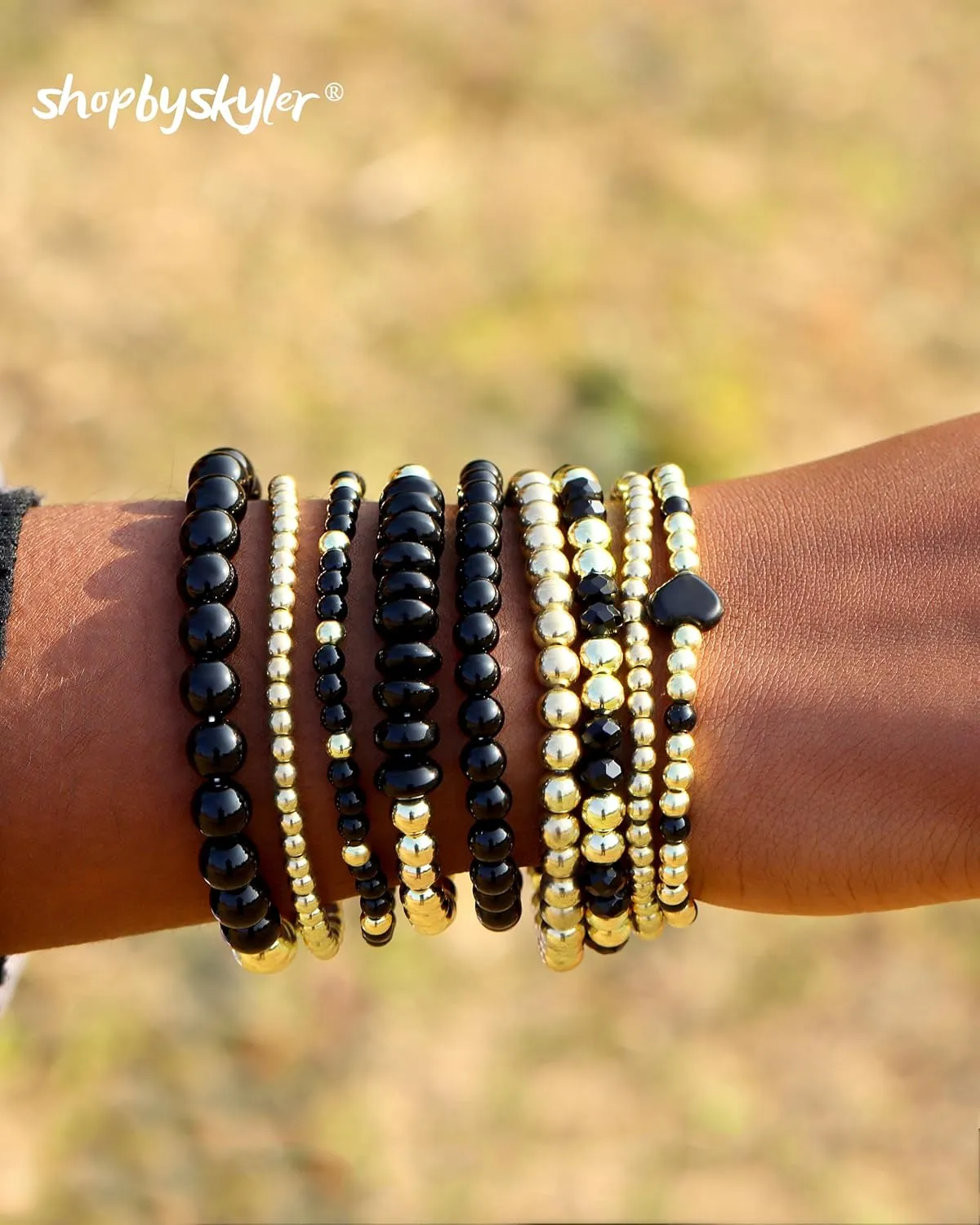 9PCS Gold Bracelets for Women Heart Stone Beaded Bracelets Gold Stretch Bracelets for Women 14K Real Gold Plated Stackable Bead Ball Bracelet Set