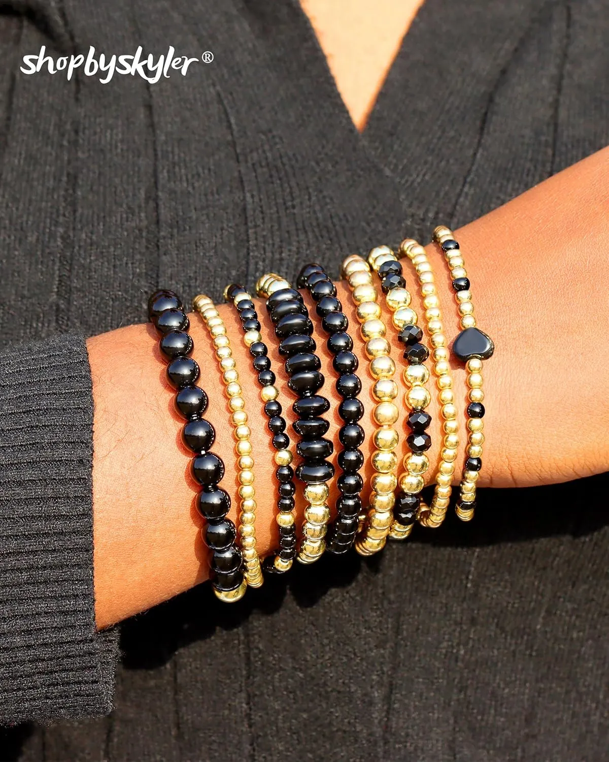9PCS Gold Bracelets for Women Heart Stone Beaded Bracelets Gold Stretch Bracelets for Women 14K Real Gold Plated Stackable Bead Ball Bracelet Set