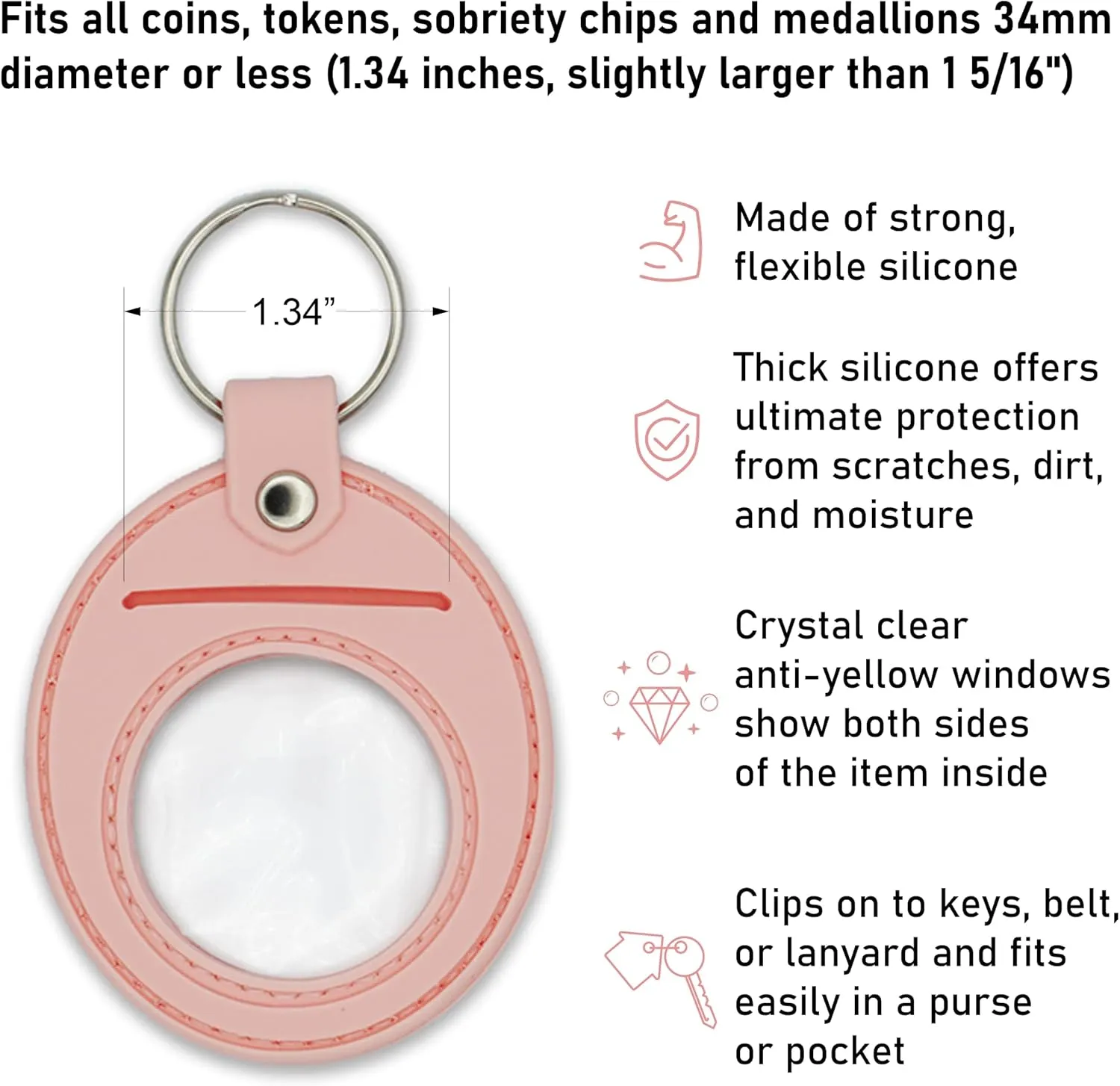 AA Coin Holder Keychain | Displays Both Sides of Sobriety Chips, Medallions, Recovery Coins, and Tokens | Also Fits Apple Airtag | Waterproof Scratchproof Soft Silicone Key Ring (Pink)
