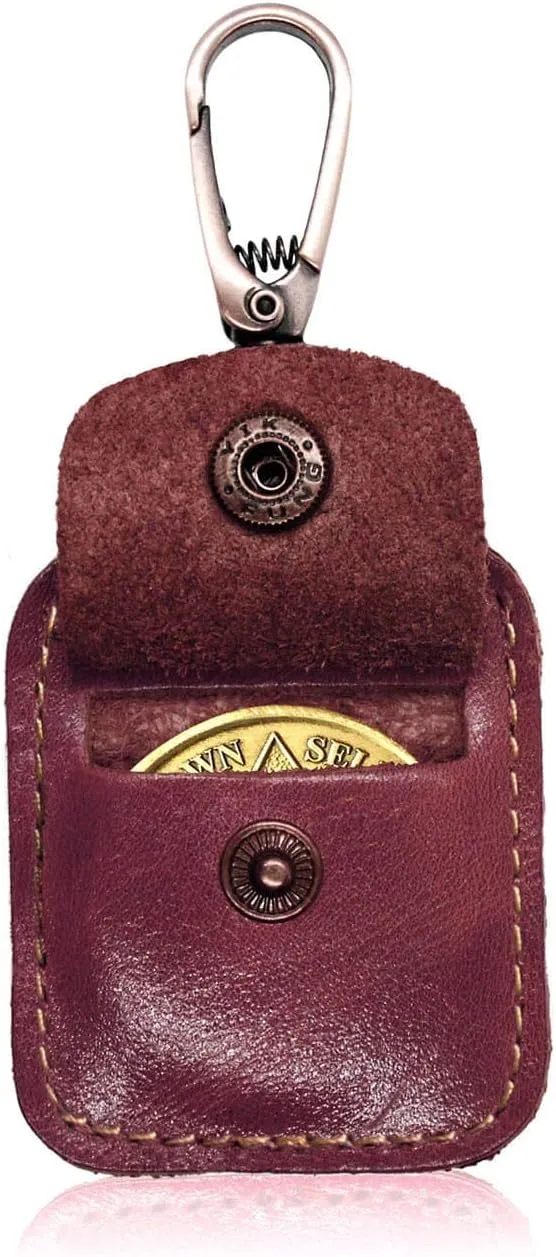 AA Medallion or Coin Holder, Leather Key Chain Snap Open Leather Case (Reddish Brown)