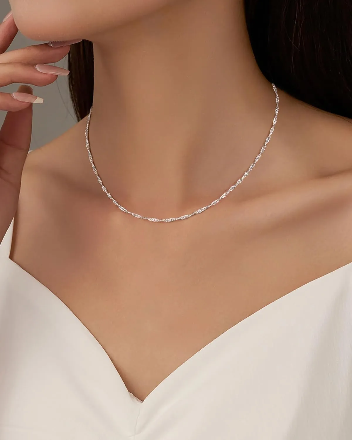 ACECHA Silver Layered Necklaces for Women, Dainty Singapore Chain Choker Necklace with Simple Diamond Pendant Trendy Charm Jewelry Gifts