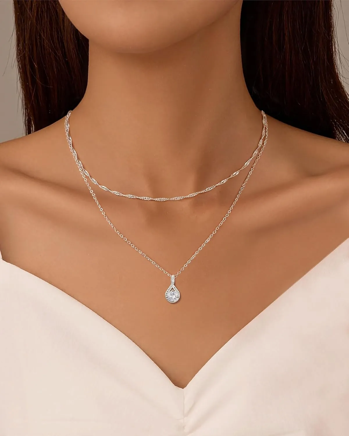 ACECHA Silver Layered Necklaces for Women, Dainty Singapore Chain Choker Necklace with Simple Diamond Pendant Trendy Charm Jewelry Gifts