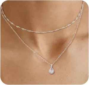 ACECHA Silver Layered Necklaces for Women, Dainty Singapore Chain Choker Necklace with Simple Diamond Pendant Trendy Charm Jewelry Gifts