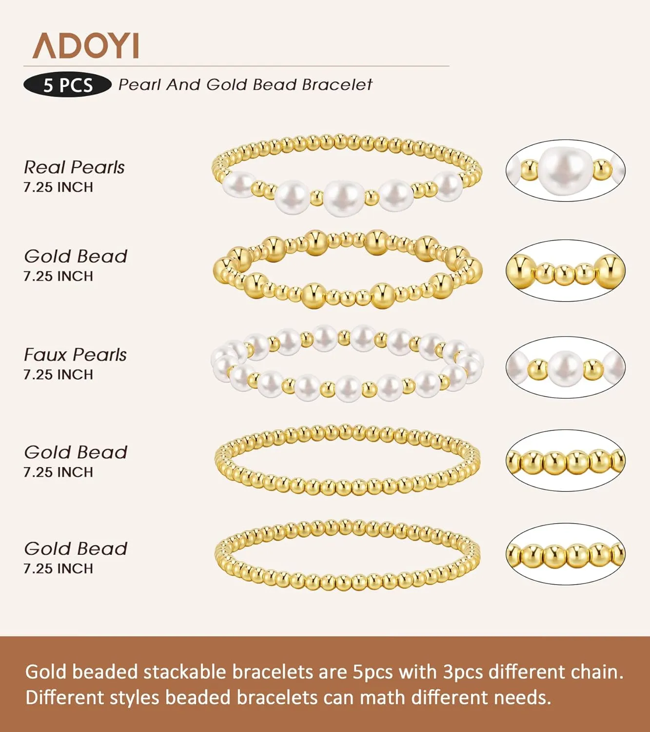 adoyi Gold Bracelets for Women Beaded Bracelet 14K Gold Plated Bracelet Stack Strand Stretch Bead Ball Bracelet Set Stackable Bracelet Adjustable Bracelet Set Jewelry for Gifts