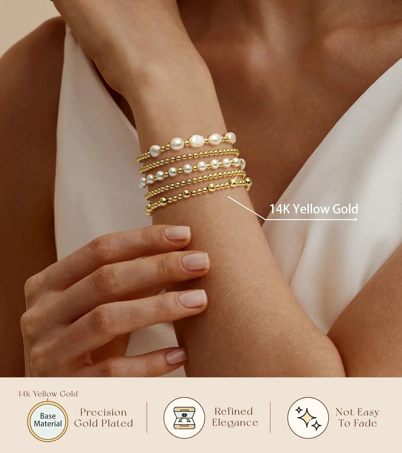 adoyi Gold Bracelets for Women Beaded Bracelet 14K Gold Plated Bracelet Stack Strand Stretch Bead Ball Bracelet Set Stackable Bracelet Adjustable Bracelet Set Jewelry for Gifts