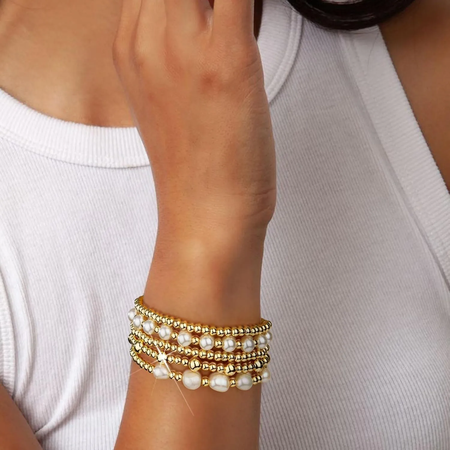 adoyi Gold Bracelets for Women Beaded Bracelet 14K Gold Plated Bracelet Stack Strand Stretch Bead Ball Bracelet Set Stackable Bracelet Adjustable Bracelet Set Jewelry for Gifts