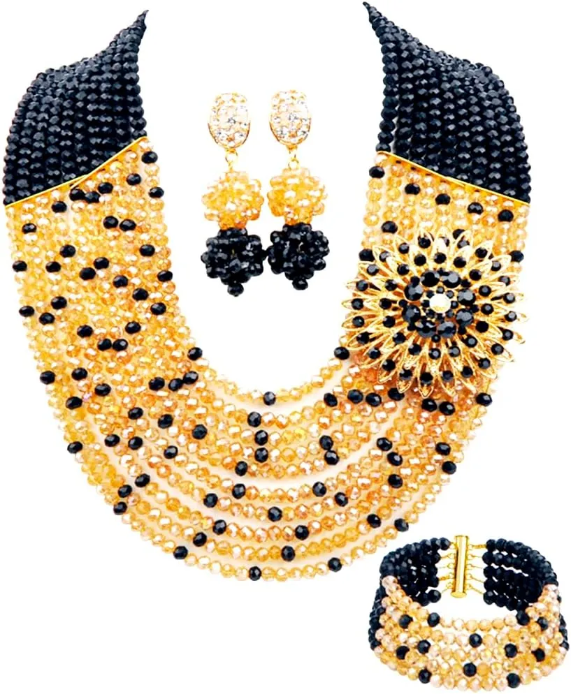 African Beaded Jewelry Set, Crystal Necklace with Brooch, Bracelet and Earrings, Traditional Multi-Layered Design