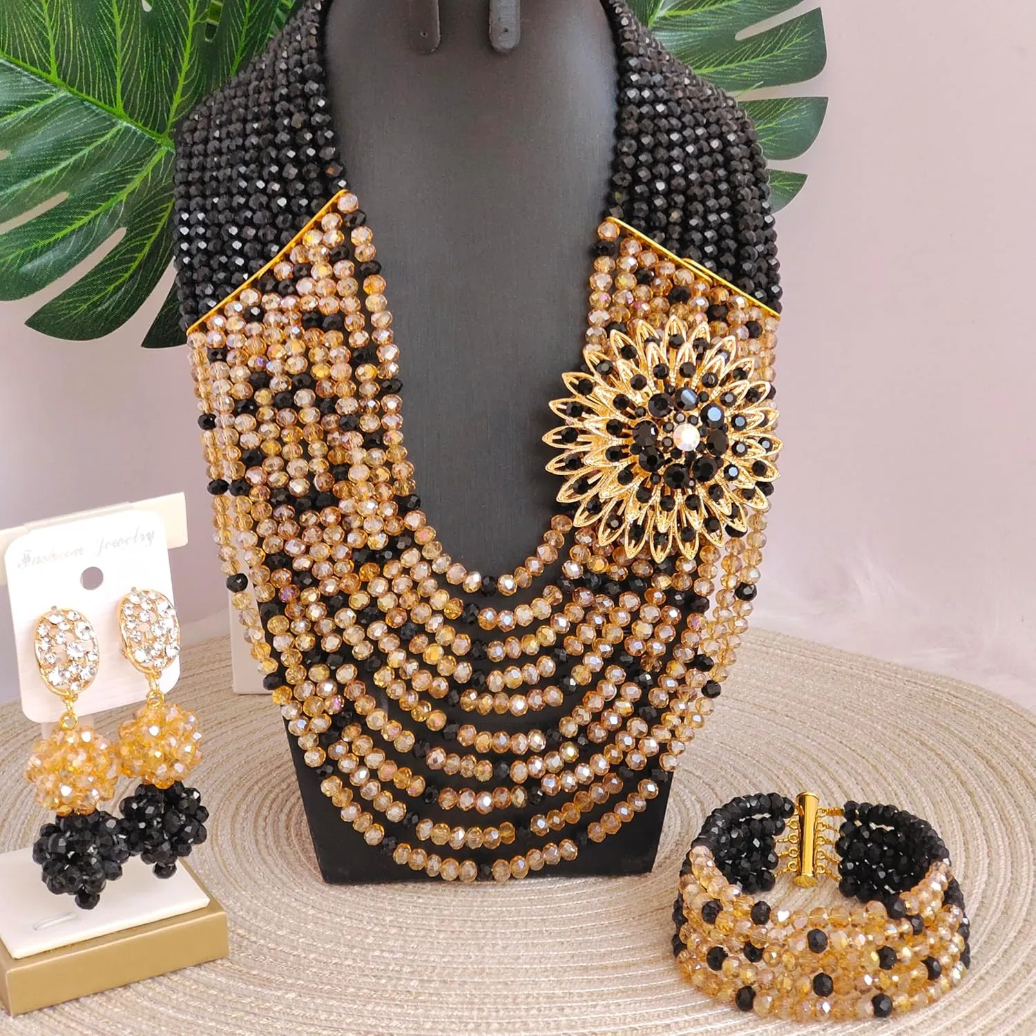 African Beaded Jewelry Set, Crystal Necklace with Brooch, Bracelet and Earrings, Traditional Multi-Layered Design