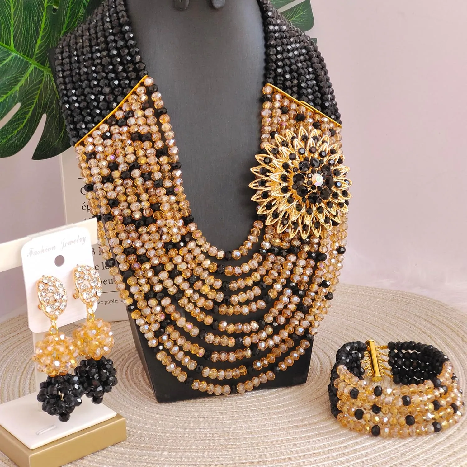 African Beaded Jewelry Set, Crystal Necklace with Brooch, Bracelet and Earrings, Traditional Multi-Layered Design