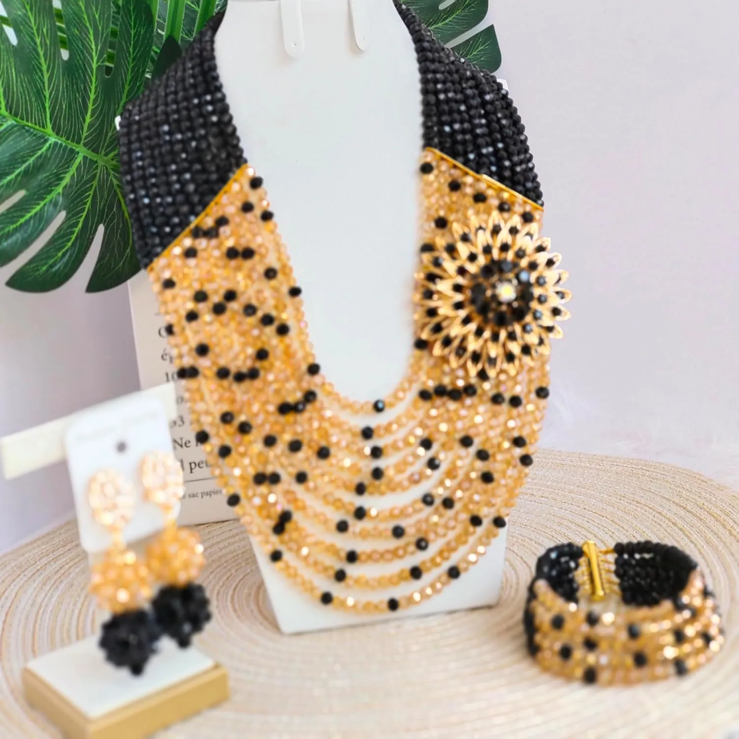 African Beaded Jewelry Set, Crystal Necklace with Brooch, Bracelet and Earrings, Traditional Multi-Layered Design