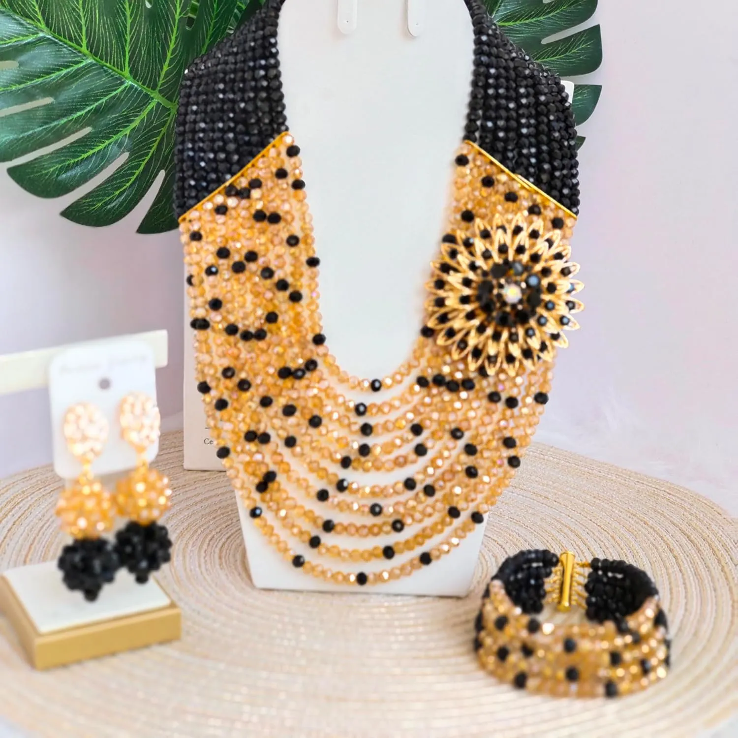 African Beaded Jewelry Set, Crystal Necklace with Brooch, Bracelet and Earrings, Traditional Multi-Layered Design