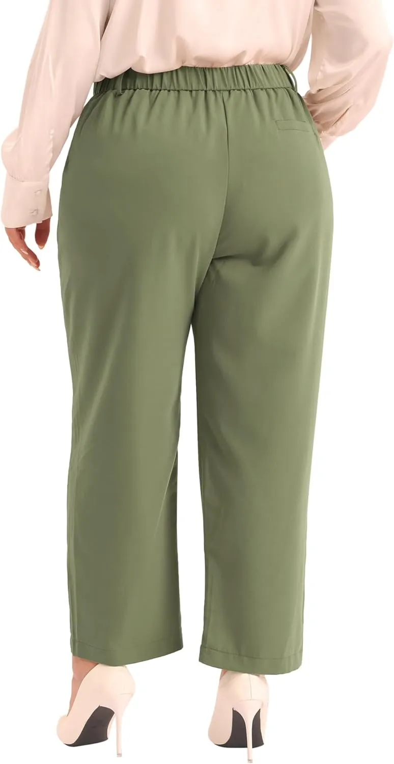 Agnes Orinda Plus Size Pants for Women Elastic High Waisted Long Straight Business Casual Work Pants Trousers with Pockets