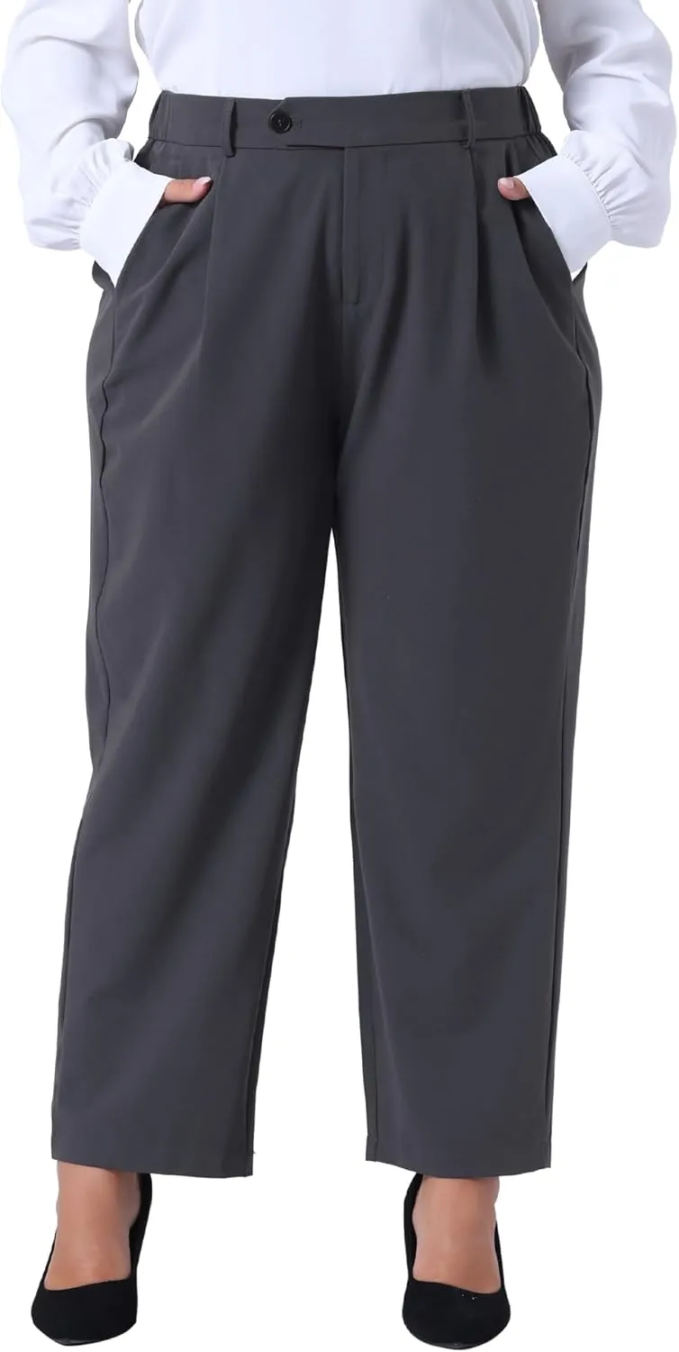 Agnes Orinda Plus Size Pants for Women Elastic High Waisted Long Straight Business Casual Work Pants Trousers with Pockets