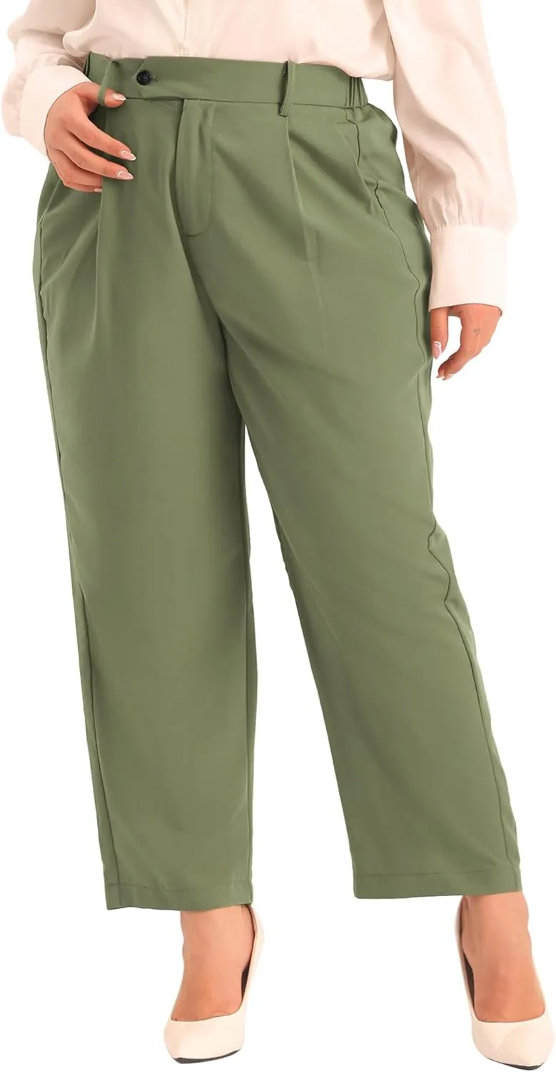 Agnes Orinda Plus Size Pants for Women Elastic High Waisted Long Straight Business Casual Work Pants Trousers with Pockets