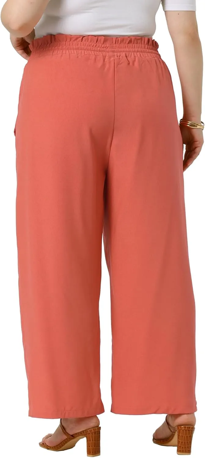 Agnes Orinda Plus Size Women's Baggy Wide Leg Elastic High Waist Palazzo Pants with Pockets Drawstring Summer Casual Trousers