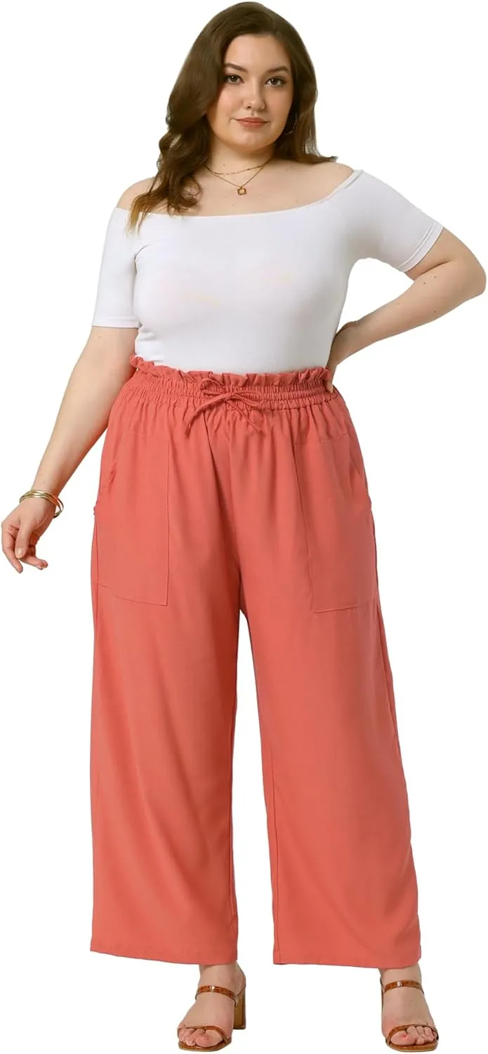 Agnes Orinda Plus Size Women's Baggy Wide Leg Elastic High Waist Palazzo Pants with Pockets Drawstring Summer Casual Trousers