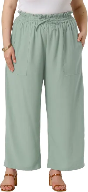 Agnes Orinda Plus Size Women's Baggy Wide Leg Elastic High Waist Palazzo Pants with Pockets Drawstring Summer Casual Trousers