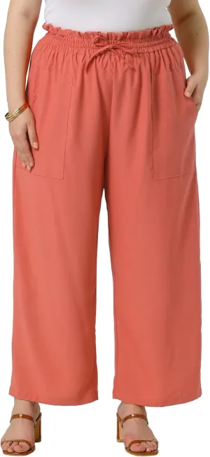 Agnes Orinda Plus Size Women's Baggy Wide Leg Elastic High Waist Palazzo Pants with Pockets Drawstring Summer Casual Trousers