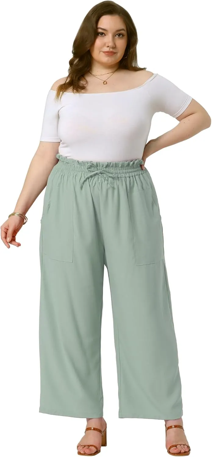 Agnes Orinda Plus Size Women's Baggy Wide Leg Elastic High Waist Palazzo Pants with Pockets Drawstring Summer Casual Trousers