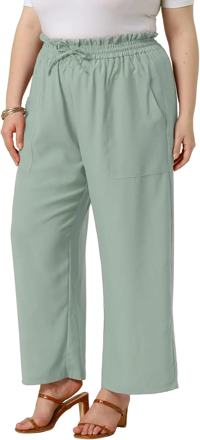 Agnes Orinda Plus Size Women's Baggy Wide Leg Elastic High Waist Palazzo Pants with Pockets Drawstring Summer Casual Trousers