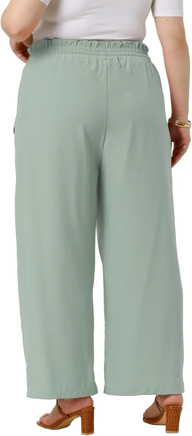 Agnes Orinda Plus Size Women's Baggy Wide Leg Elastic High Waist Palazzo Pants with Pockets Drawstring Summer Casual Trousers