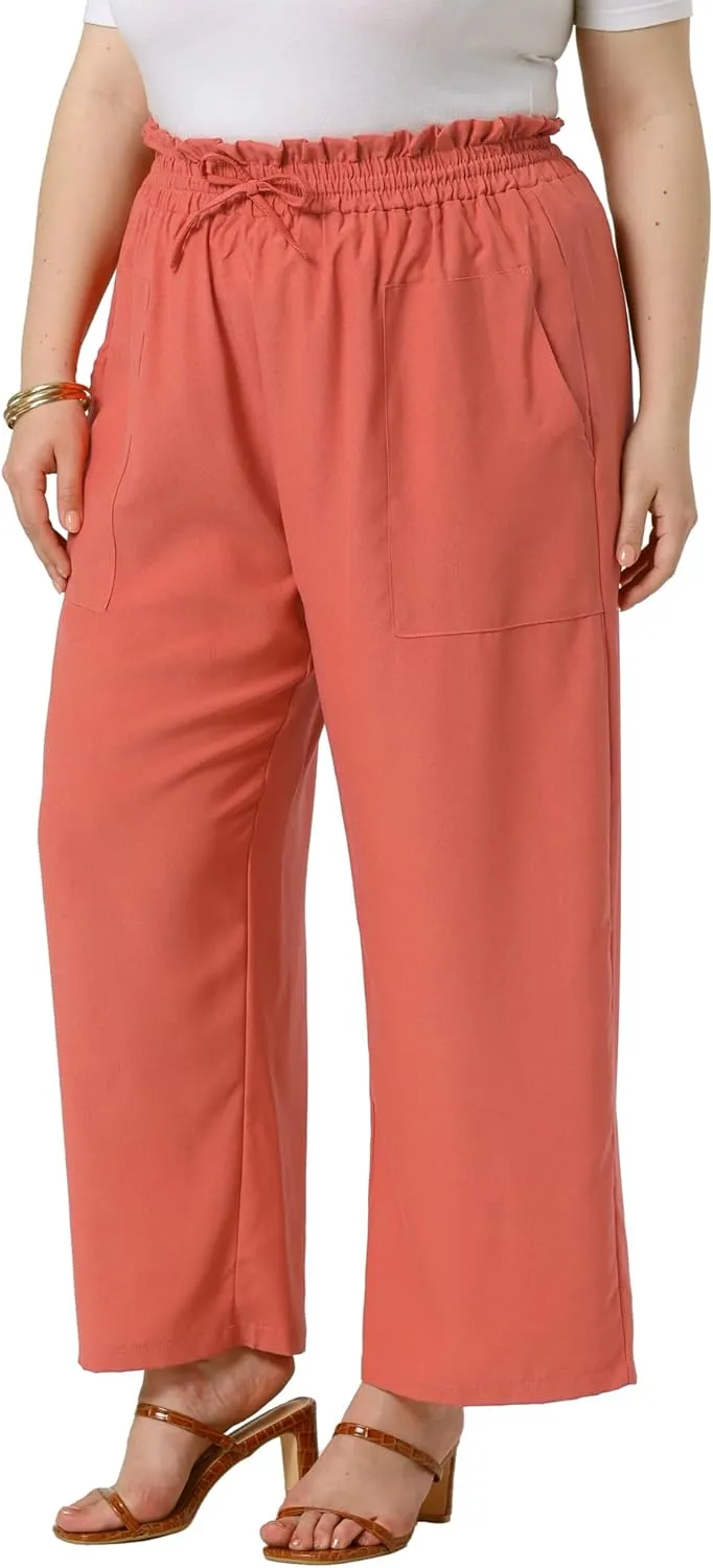 Agnes Orinda Plus Size Women's Baggy Wide Leg Elastic High Waist Palazzo Pants with Pockets Drawstring Summer Casual Trousers