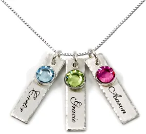 AJ's Collection Unity in Three Personalized Charm Necklace. Customize 3 Sterling Silver Rectangular Pendants with Names of Your Choice. Gifts for Her