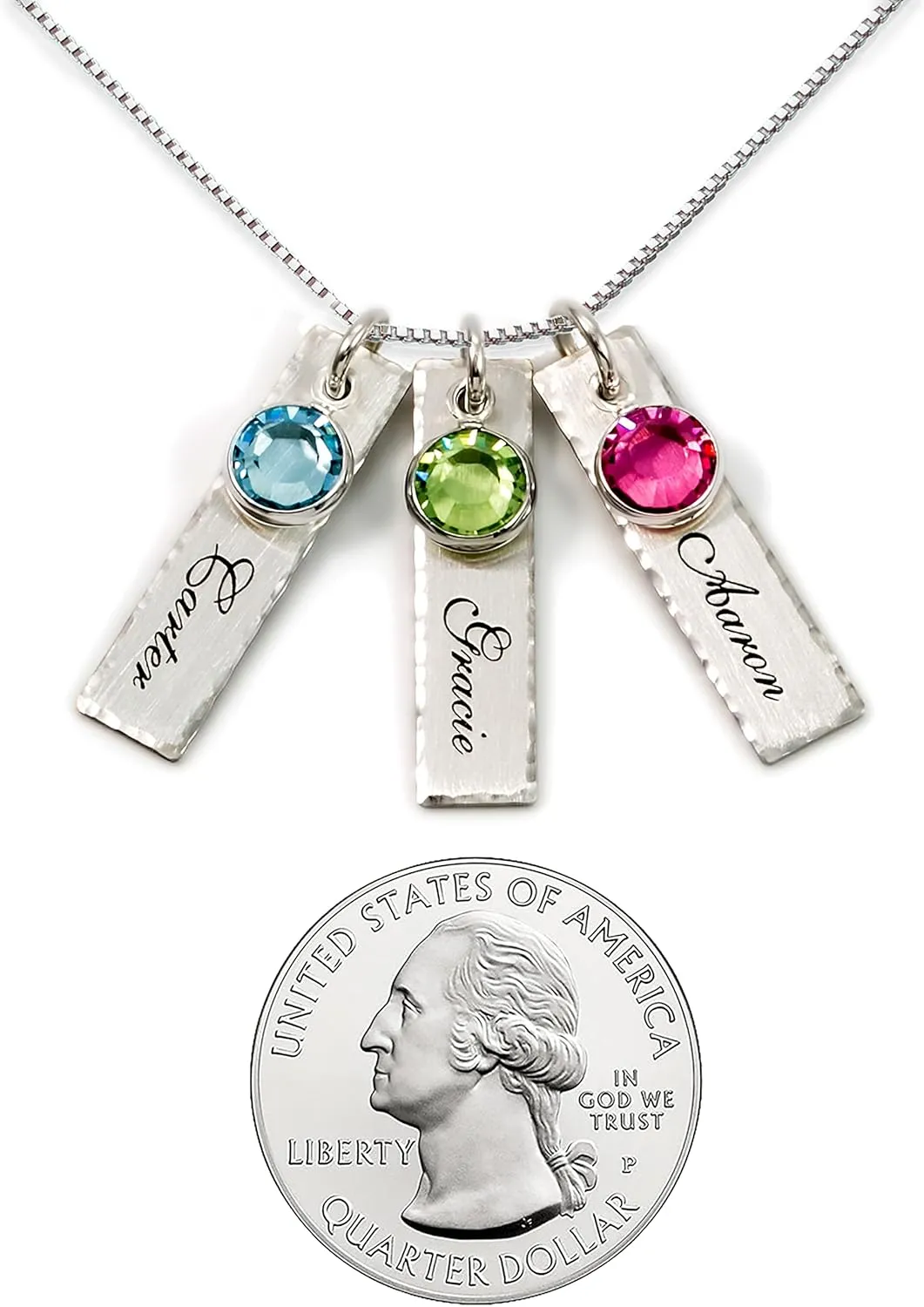 AJ's Collection Unity in Three Personalized Charm Necklace. Customize 3 Sterling Silver Rectangular Pendants with Names of Your Choice. Gifts for Her