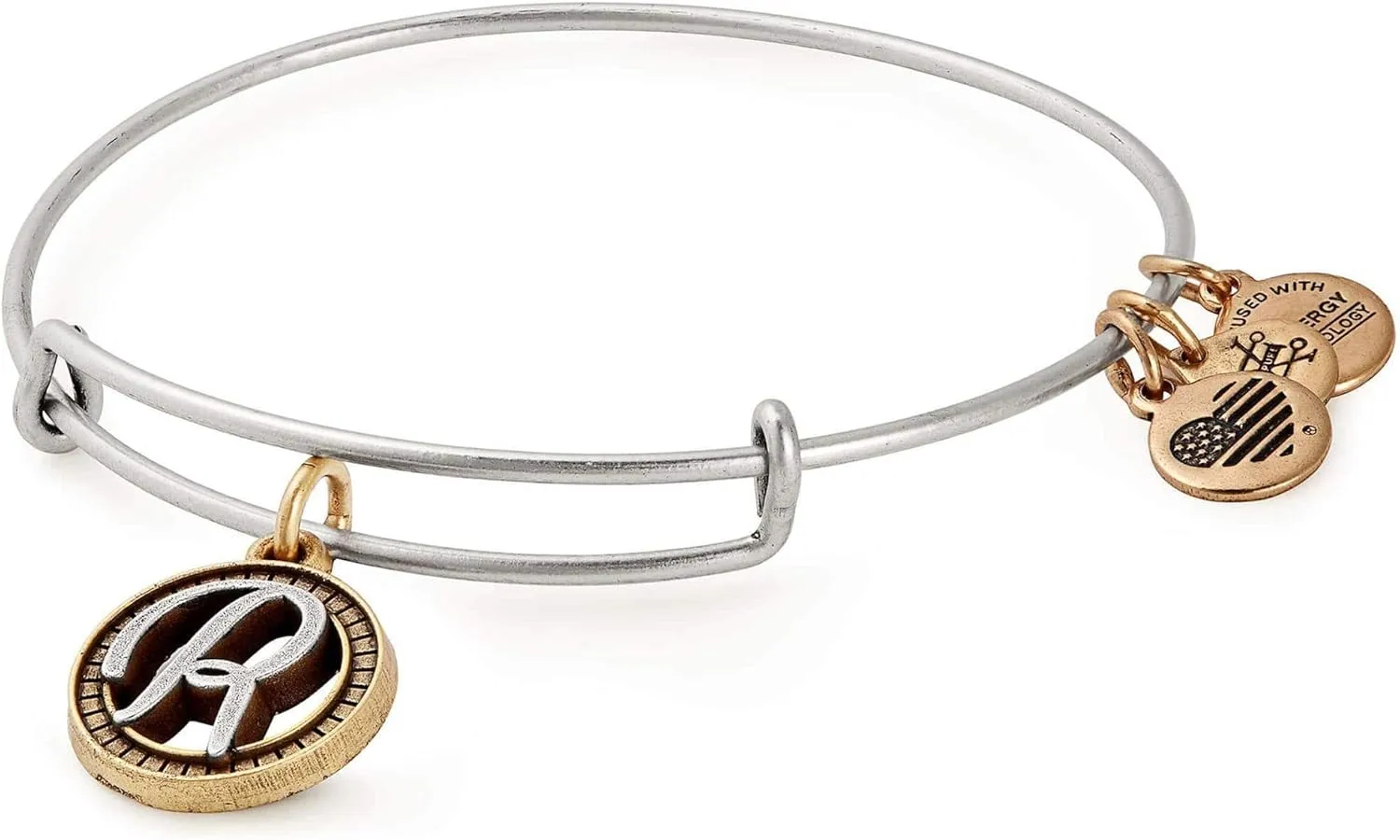 Alex and Ani Women's Initial R II Bangle Two Tone Bracelet, Rafaelian Silver, Expandable