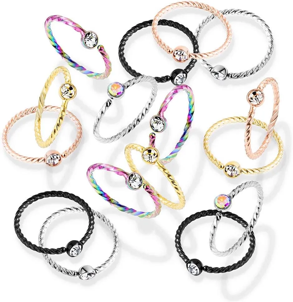 Amelia Fashion 20 Gauge Bendable Crystal Set Twisted Rope Hoop Nose Ring 316L Surgical Steel (Choose Color)