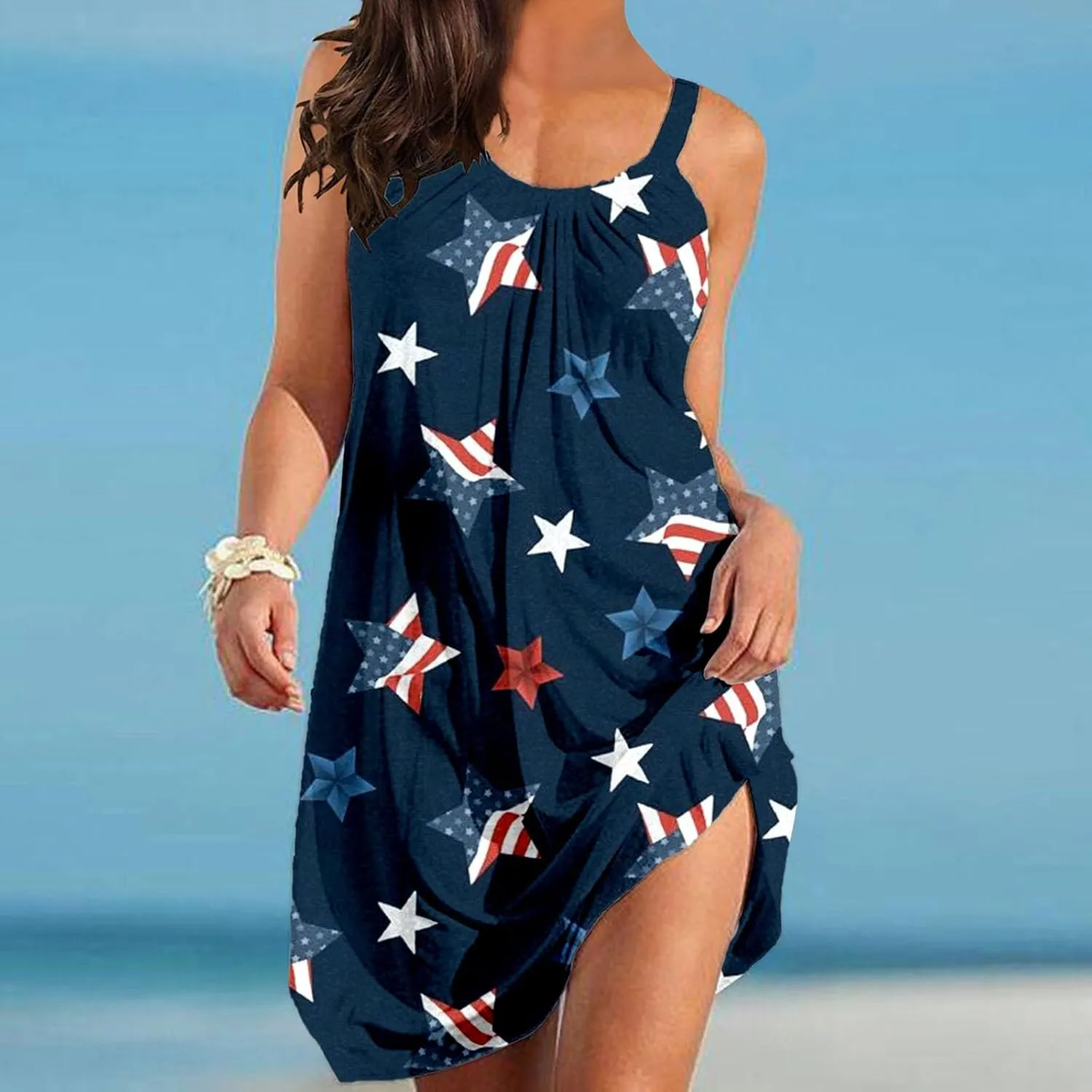 American Flag Dress for Women 4th of July Outfits Patriotic Strapless Independence Day Printed Dress Boho Summer Beach
