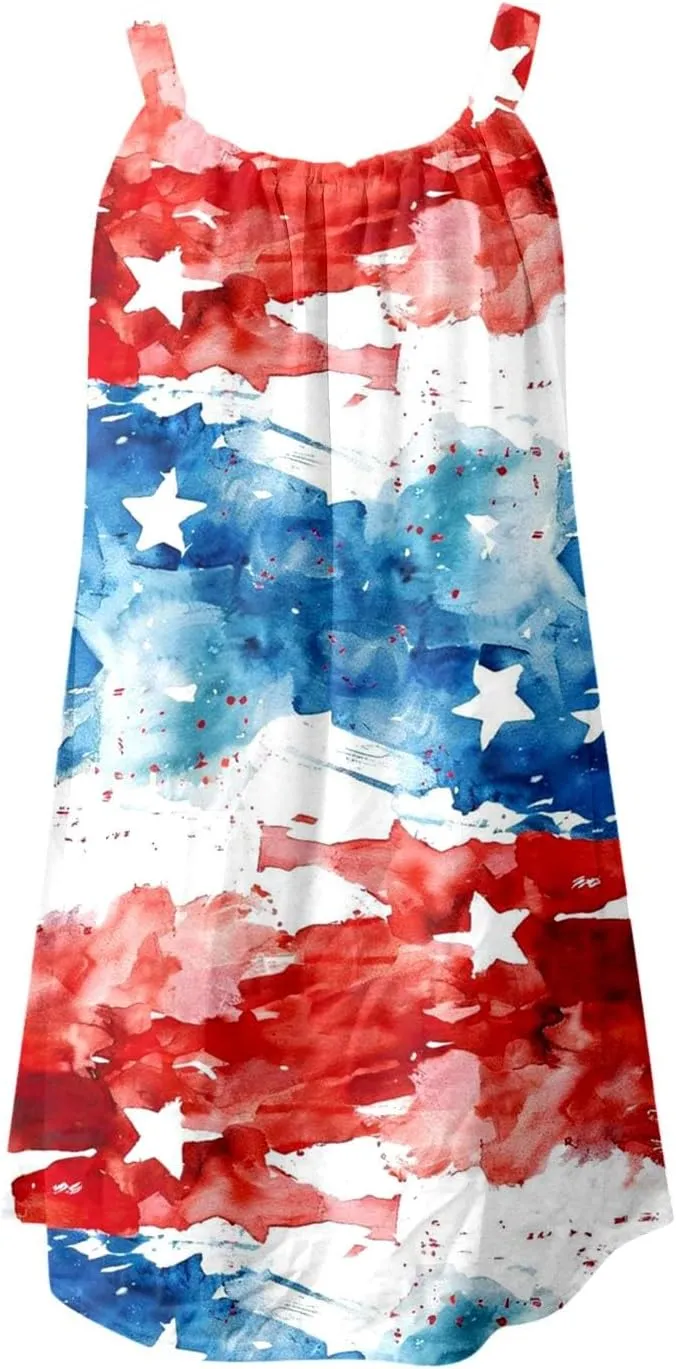 American Flag Dress for Women 4th of July Outfits Patriotic Strapless Independence Day Printed Dress Boho Summer Beach