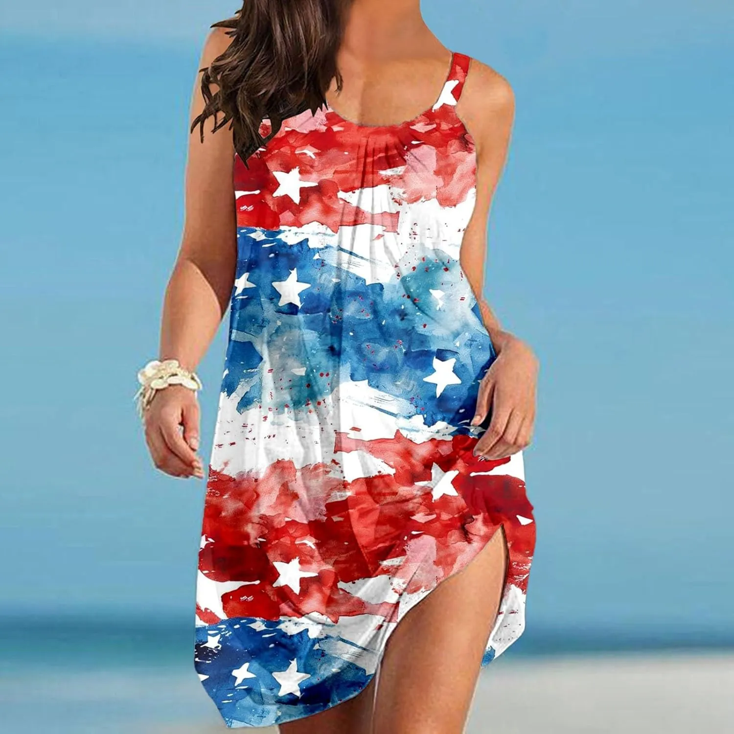 American Flag Dress for Women 4th of July Outfits Patriotic Strapless Independence Day Printed Dress Boho Summer Beach
