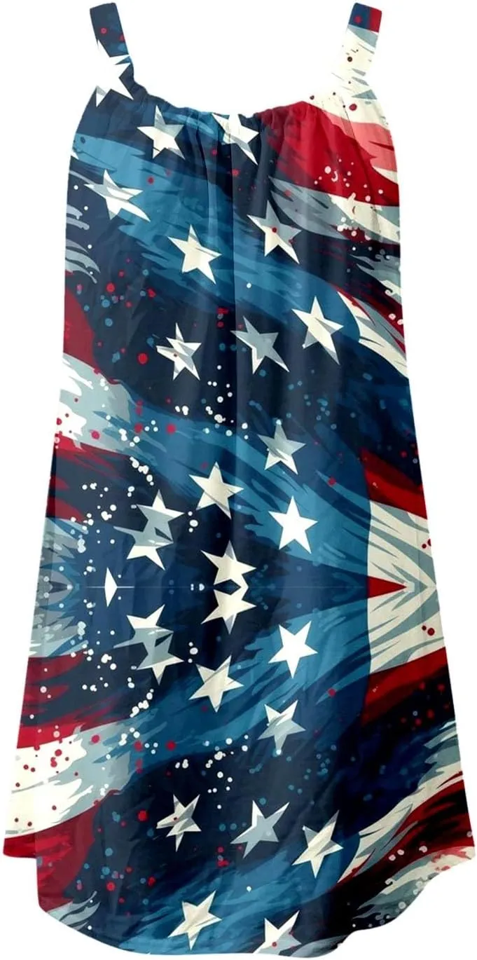 American Flag Dress for Women 4th of July Outfits Patriotic Strapless Independence Day Printed Dress Boho Summer Beach