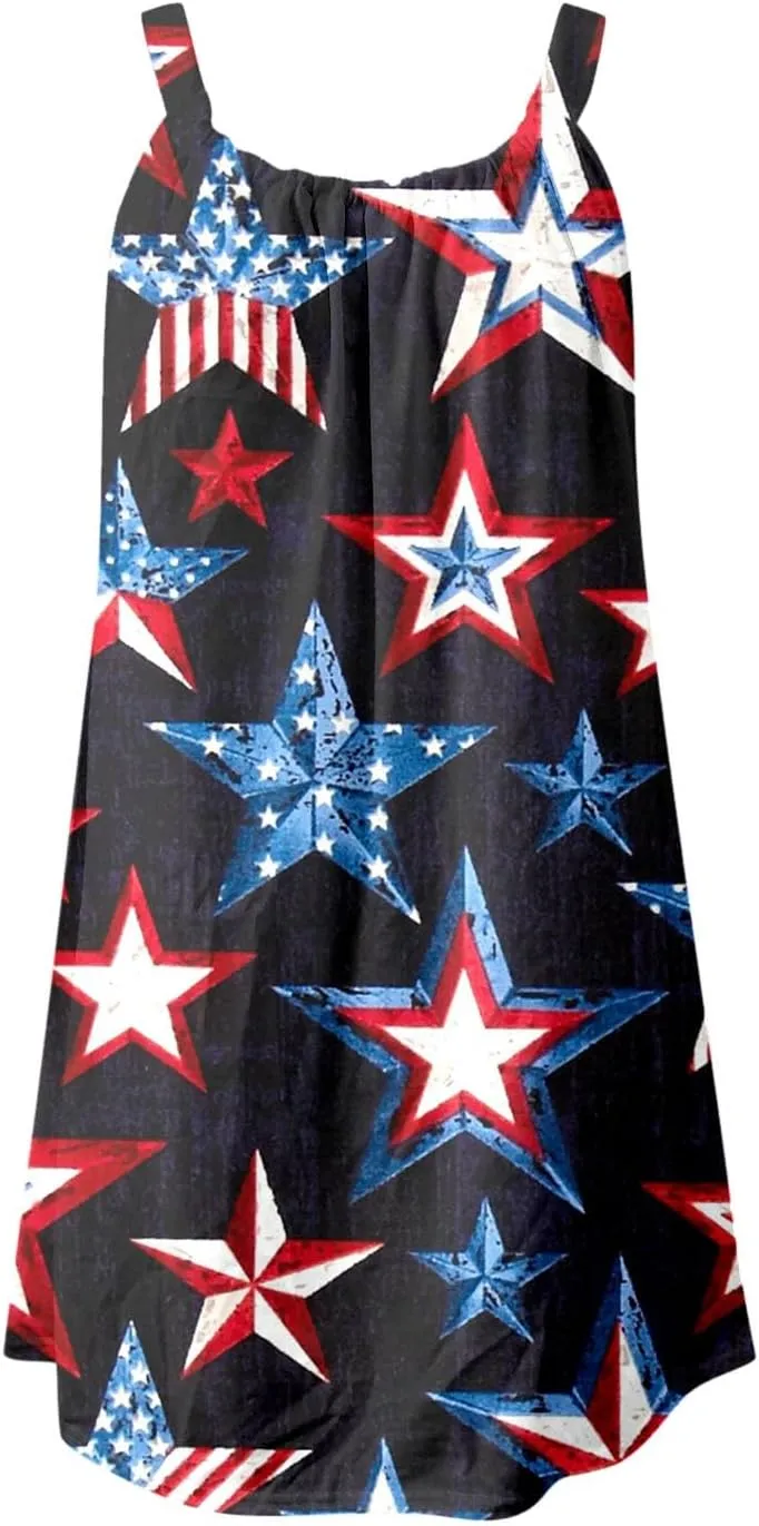American Flag Dress for Women 4th of July Outfits Patriotic Strapless Independence Day Printed Dress Boho Summer Beach