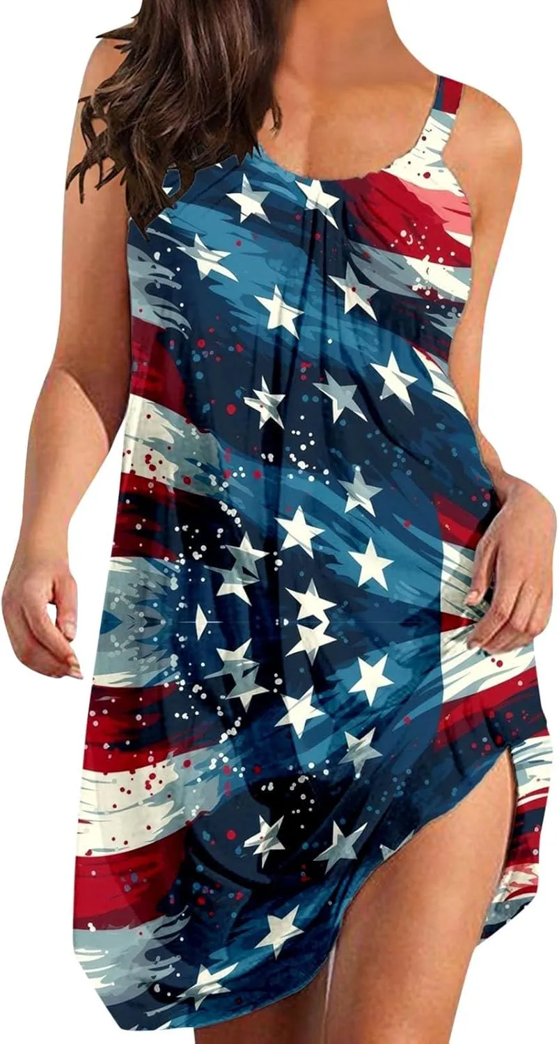 American Flag Dress for Women 4th of July Outfits Patriotic Strapless Independence Day Printed Dress Boho Summer Beach