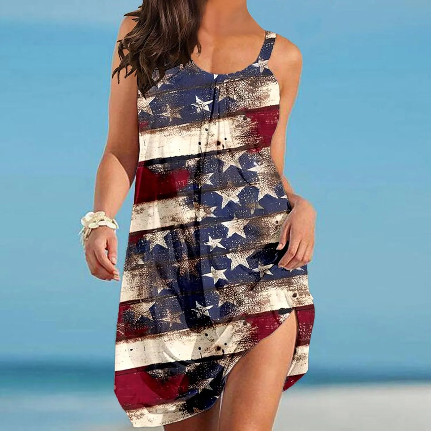 American Flag Dress for Women 4th of July Outfits Patriotic Strapless Independence Day Printed Dress Boho Summer Beach