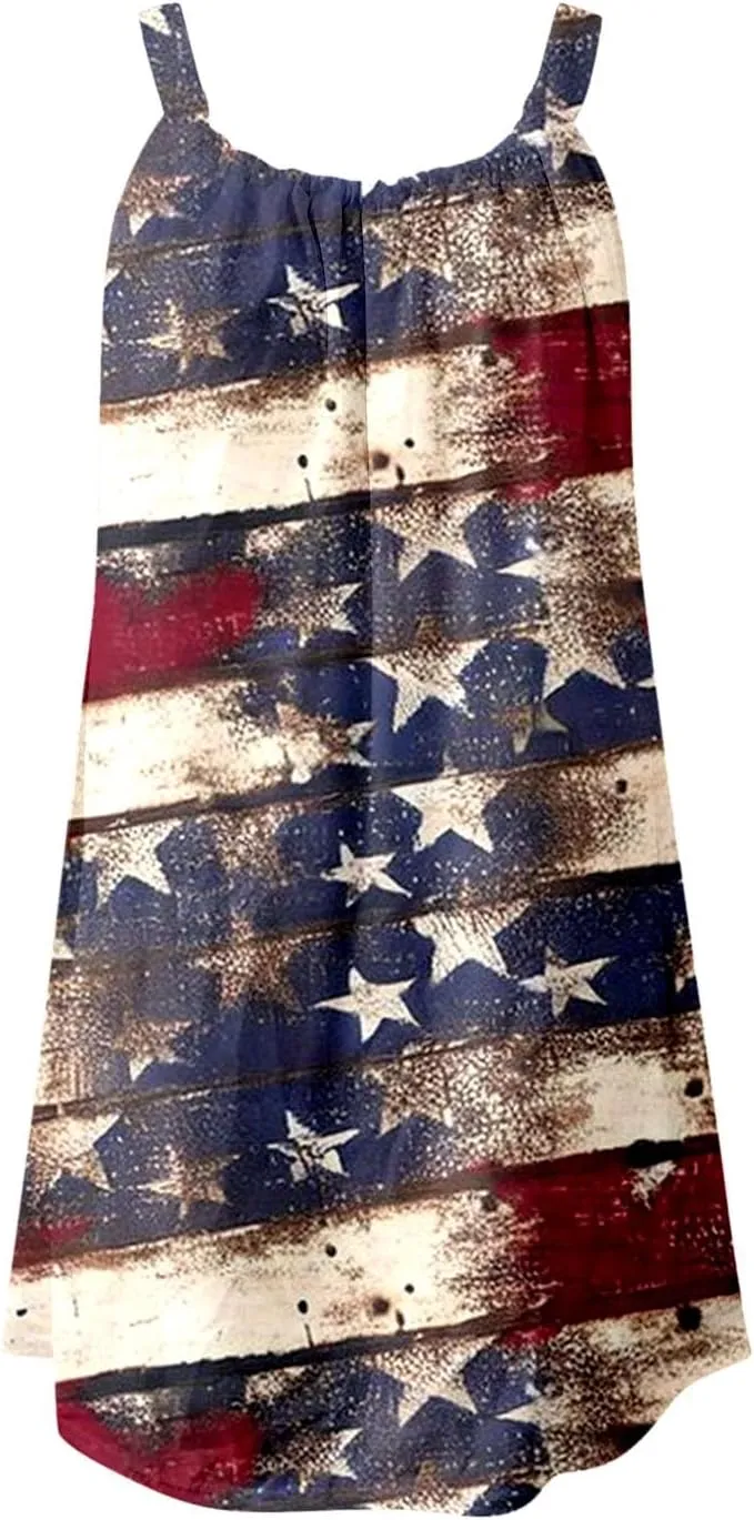 American Flag Dress for Women 4th of July Outfits Patriotic Strapless Independence Day Printed Dress Boho Summer Beach