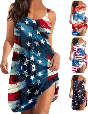 American Flag Dress for Women 4th of July Outfits Patriotic Strapless Independence Day Printed Dress Boho Summer Beach