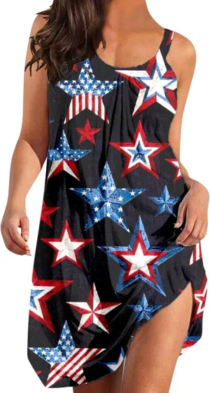 American Flag Dress for Women 4th of July Outfits Patriotic Strapless Independence Day Printed Dress Boho Summer Beach