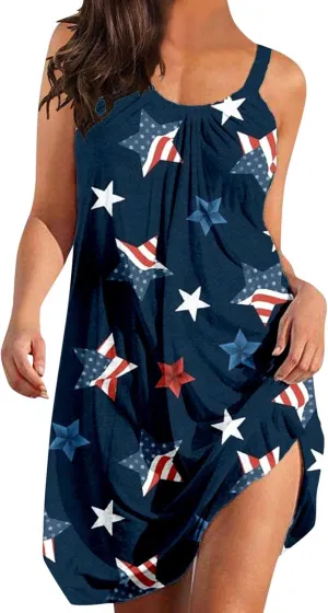 American Flag Dress for Women 4th of July Outfits Patriotic Strapless Independence Day Printed Dress Boho Summer Beach