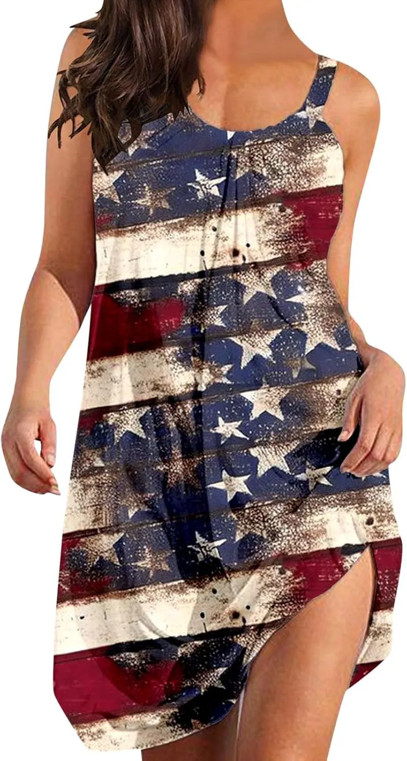 American Flag Dress for Women 4th of July Outfits Patriotic Strapless Independence Day Printed Dress Boho Summer Beach