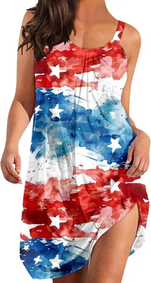American Flag Dress for Women 4th of July Outfits Patriotic Strapless Independence Day Printed Dress Boho Summer Beach
