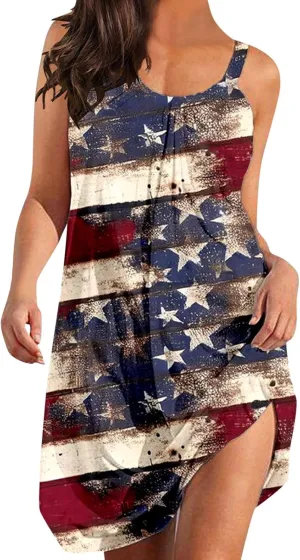 American Flag Dress for Women 4th of July Outfits Patriotic Strapless Independence Day Printed Dress Boho Summer Beach
